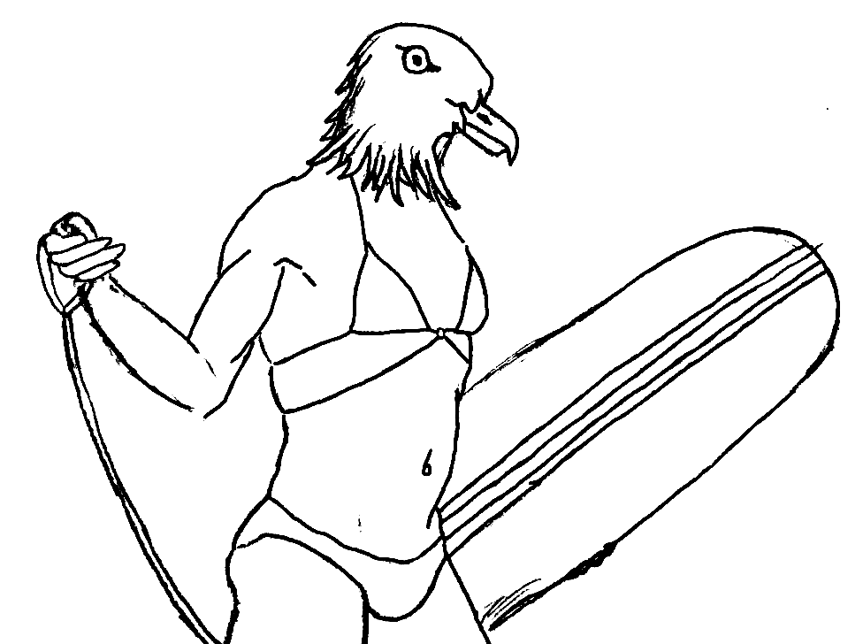 human body with seagull head wearing a bikini and holding a surfboard